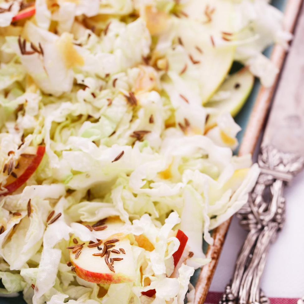 Apple and Blue Cheese, Honey & Shallot Coleslaw with Caraway Seeds